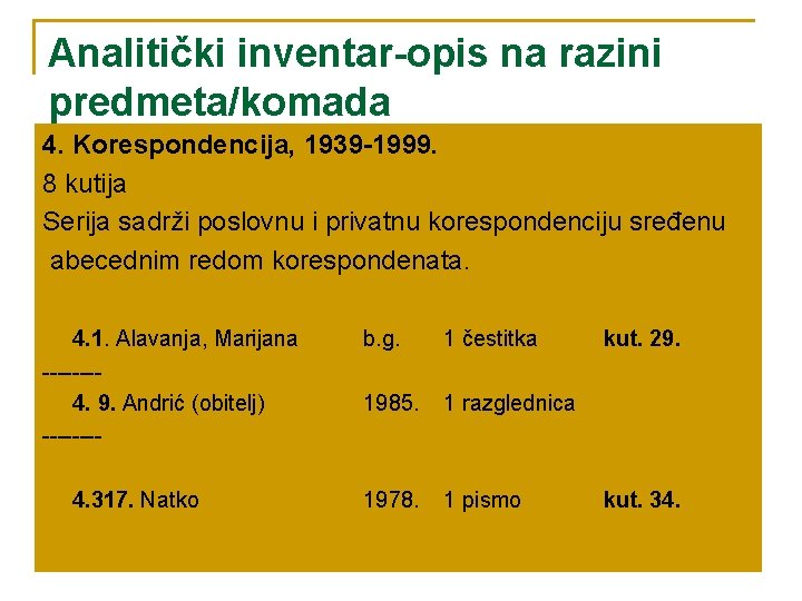 Analitički inventar-opis na razini predmeta/komada 4. Korespondencija, 1939 -1999. 8 kutija Serija sadrži poslovnu