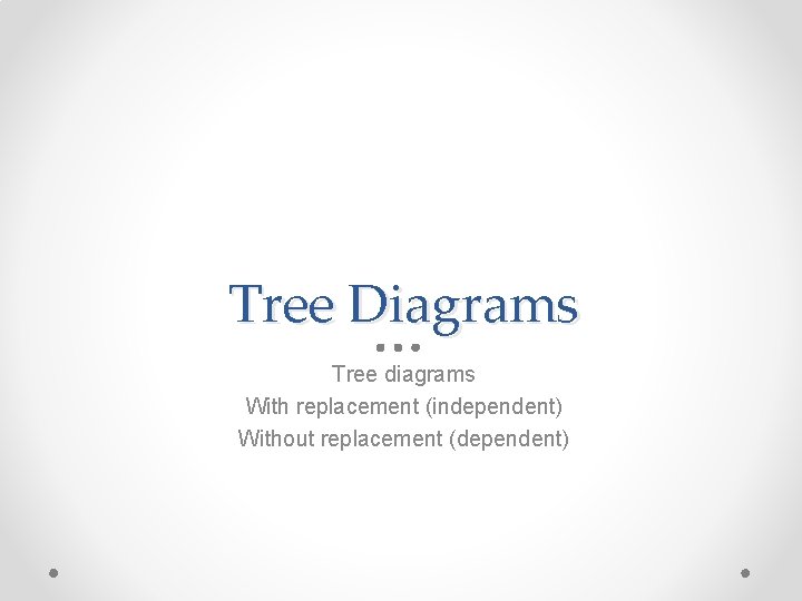 Tree Diagrams Tree diagrams With replacement (independent) Without replacement (dependent) 