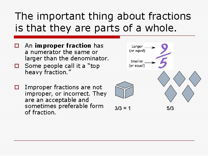 The important thing about fractions is that they are parts of a whole. o