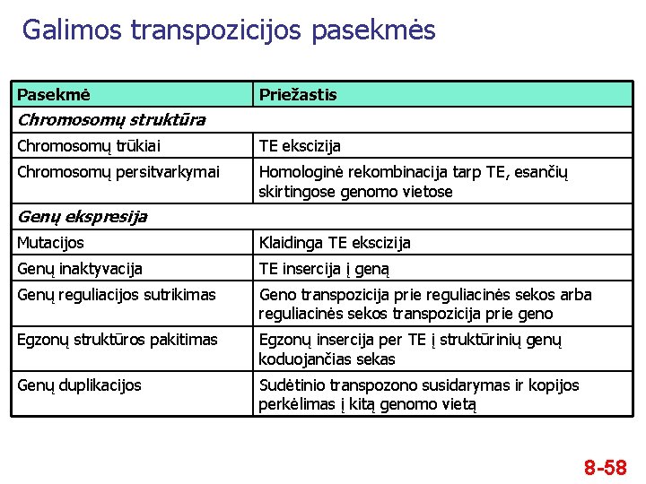 Galimos transpozicijos pasekmės Pasekmė Priežastis Chromosomų struktūra Chromosomų trūkiai TE ekscizija Chromosomų persitvarkymai Homologinė