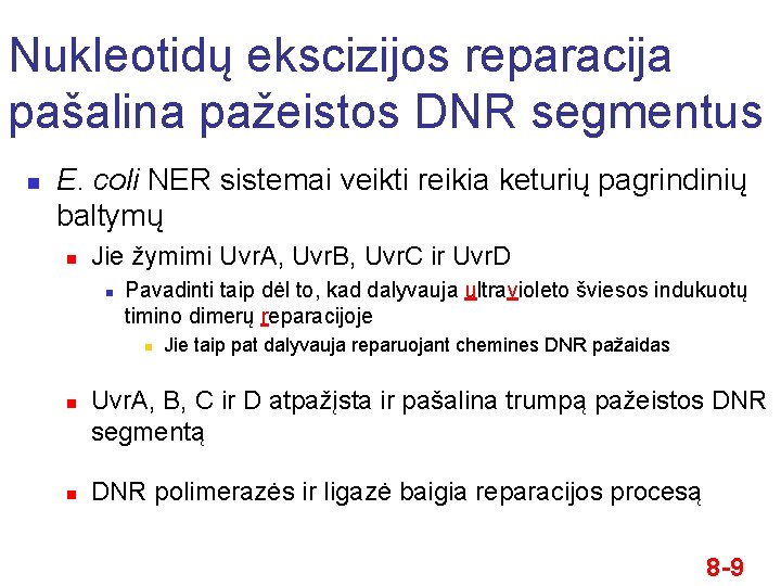 Nukleotidų ekscizijos reparacija pašalina pažeistos DNR segmentus n E. coli NER sistemai veikti reikia