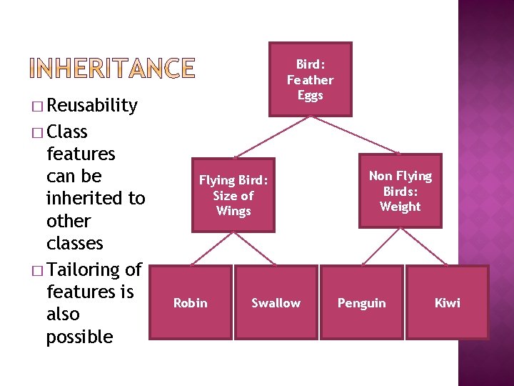 Bird: Feather Eggs � Reusability � Class features can be inherited to other classes