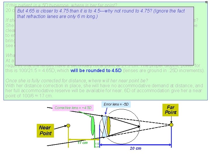 16 If this patient is a 5 D hyperope, where is her far point?