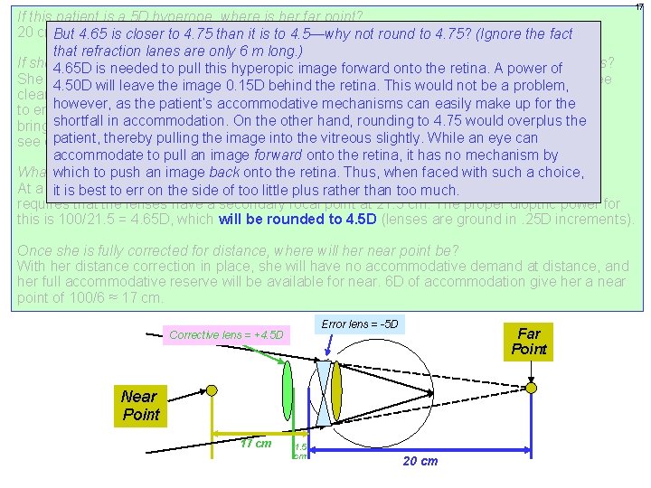 17 If this patient is a 5 D hyperope, where is her far point?