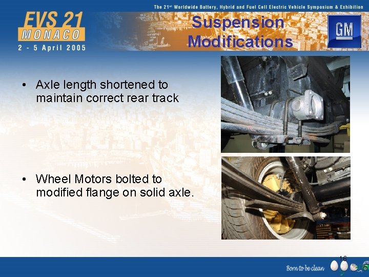 Suspension Modifications • Axle length shortened to maintain correct rear track • Wheel Motors