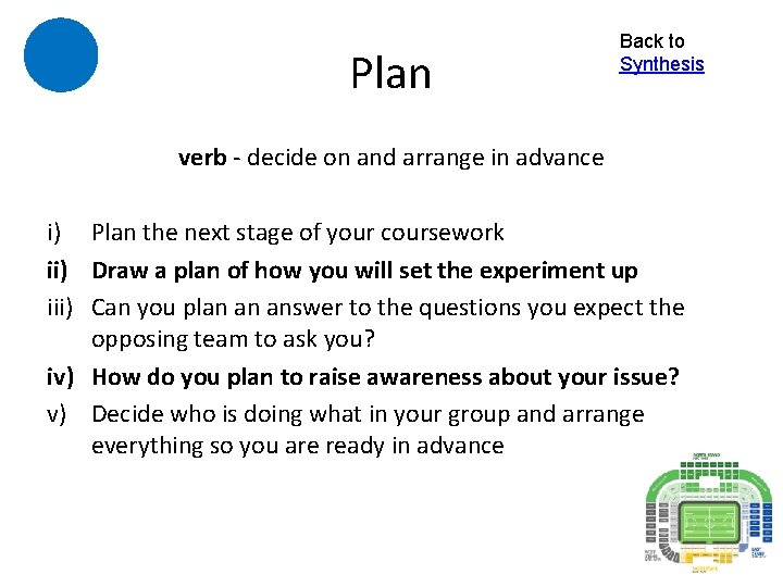 Plan Back to Synthesis verb - decide on and arrange in advance i) Plan