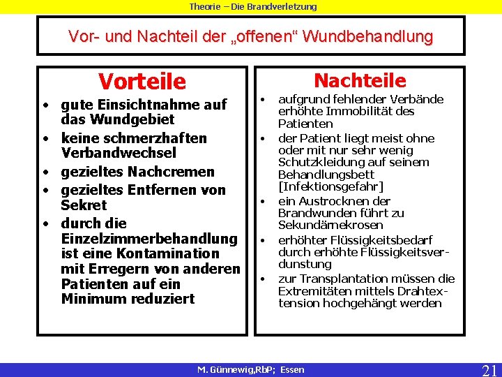 Theorie – Die Brandverletzung Vor- und Nachteil der „offenen“ Wundbehandlung Vorteile Nachteile • gute