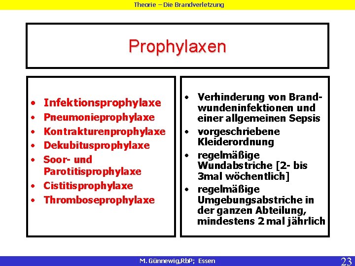 Theorie – Die Brandverletzung Prophylaxen • Infektionsprophylaxe • • Pneumonieprophylaxe Kontrakturenprophylaxe Dekubitusprophylaxe Soor- und