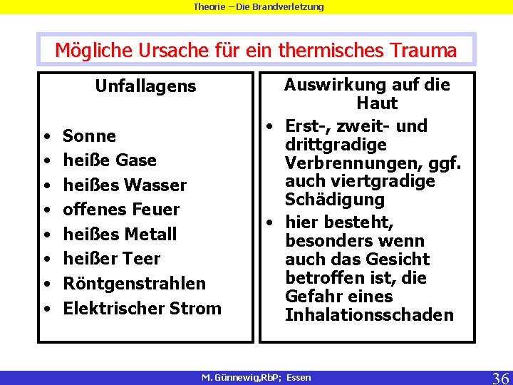 Theorie – Die Brandverletzung Mögliche Ursache für ein thermisches Trauma Unfallagens • • Sonne