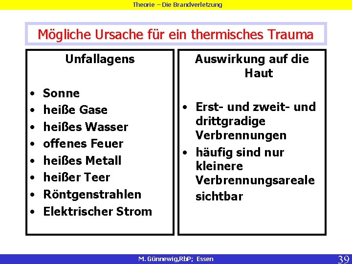 Theorie – Die Brandverletzung Mögliche Ursache für ein thermisches Trauma Unfallagens • • Auswirkung