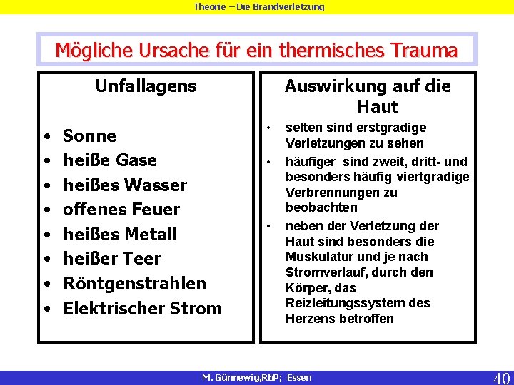 Theorie – Die Brandverletzung Mögliche Ursache für ein thermisches Trauma Unfallagens • • Auswirkung