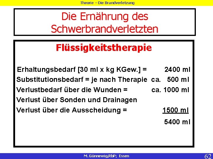 Theorie – Die Brandverletzung Die Ernährung des Schwerbrandverletzten Flüssigkeitstherapie Erhaltungsbedarf [30 ml x kg