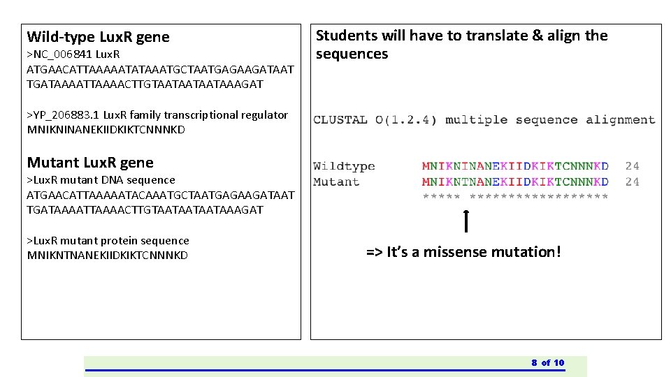 Wild-type Lux. R gene >NC_006841 Lux. R ATGAACATTAAAAATATAAATGCTAATGAGAAGATAAT TGATAAAATTAAAACTTGTAATAAAGAT Students will have to translate