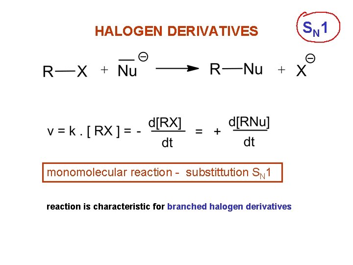 HALOGEN DERIVATIVES monomolecular reaction - substittution SN 1 reaction is characteristic for branched halogen