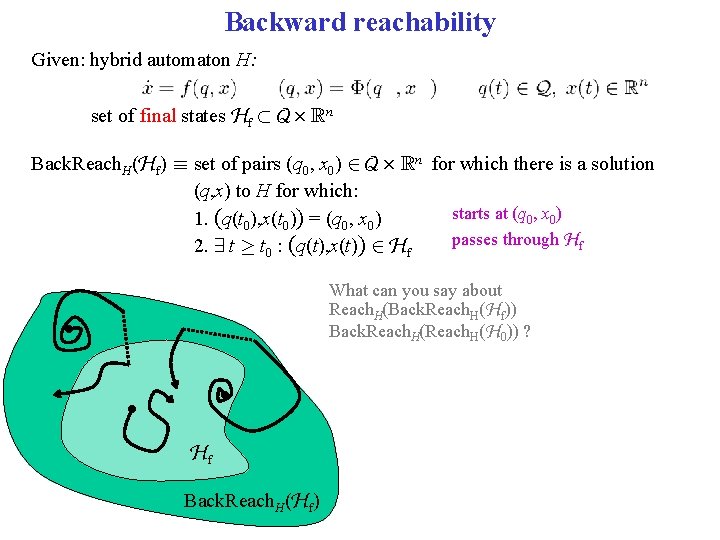 Backward reachability Given: hybrid automaton H: set of final states Hf ½ Q £