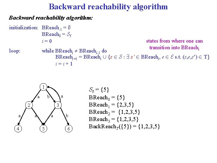 Backward reachability algorithm: initialization: BReach-1 = ; BReach 0 = Sf i=0 while BReachi
