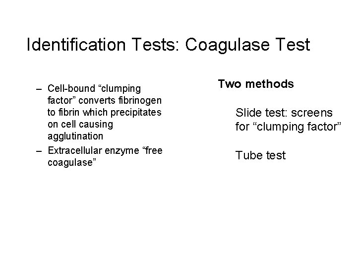 Identification Tests: Coagulase Test – Cell-bound “clumping factor” converts fibrinogen to fibrin which precipitates
