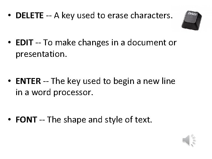  • DELETE -- A key used to erase characters. • EDIT -- To
