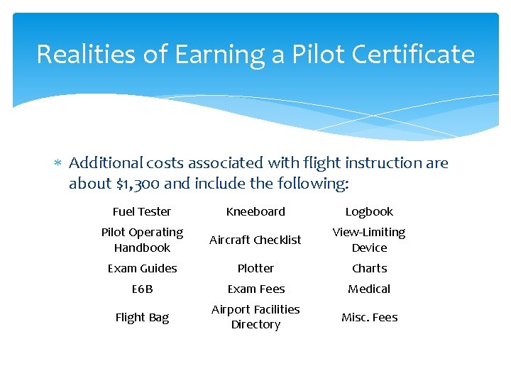 Realities of Earning a Pilot Certificate Additional costs associated with flight instruction are about