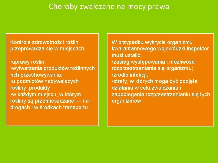 Choroby zwalczane na mocy prawa Kontrole zdrowotności roślin przeprowadza się w miejscach: • uprawy