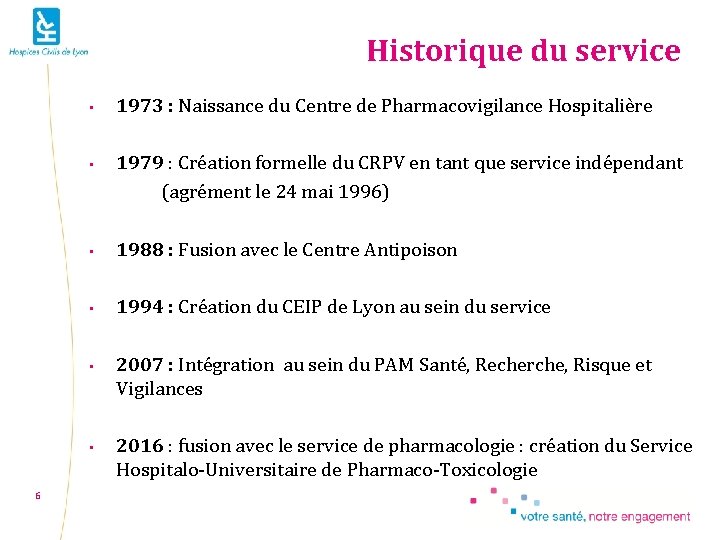 Historique du service 6 • 1973 : Naissance du Centre de Pharmacovigilance Hospitalière •