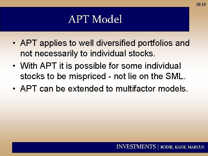 10 -15 APT Model • APT applies to well diversified portfolios and not necessarily