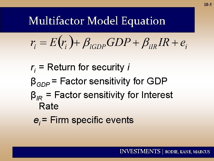 10 -5 Multifactor Model Equation ri = Return for security i βGDP = Factor