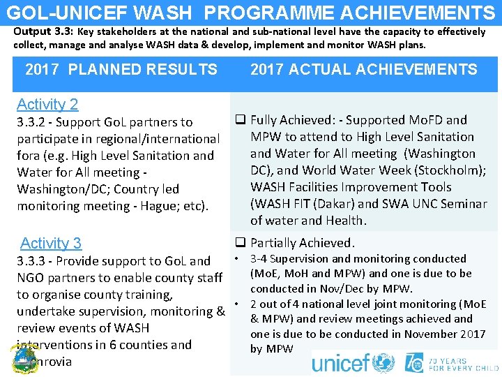 GOL-UNICEF WASH PROGRAMME ACHIEVEMENTS Output 3. 3: Key stakeholders at the national and sub-national