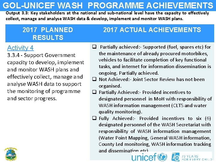 GOL-UNICEF WASH PROGRAMME ACHIEVEMENTS Output 3. 3: Key stakeholders at the national and sub-national