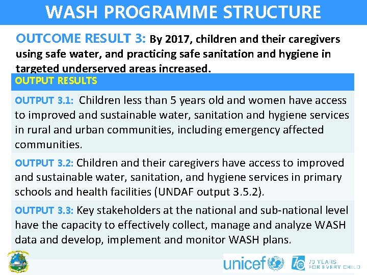 WASH PROGRAMME STRUCTURE OUTCOME RESULT 3: By 2017, children and their caregivers using safe