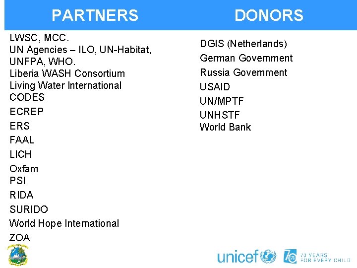 PARTNERS LWSC, MCC. UN Agencies – ILO, UN-Habitat, UNFPA, WHO. Liberia WASH Consortium Living