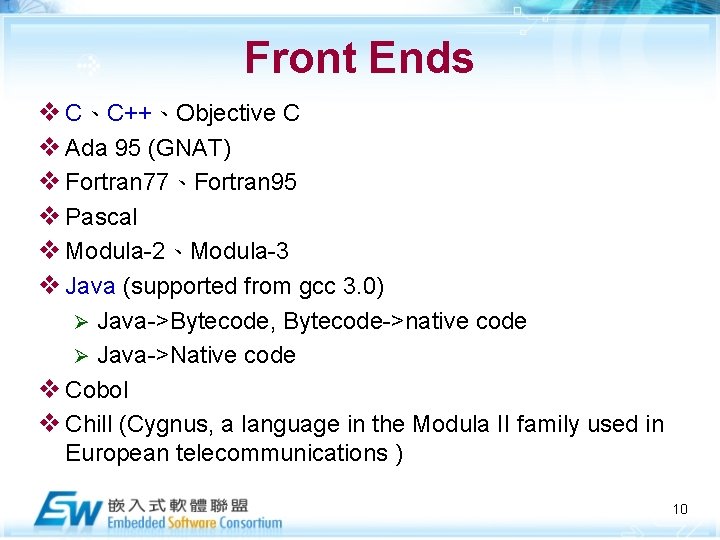 Front Ends v C、C++、Objective C v Ada 95 (GNAT) v Fortran 77、Fortran 95 v