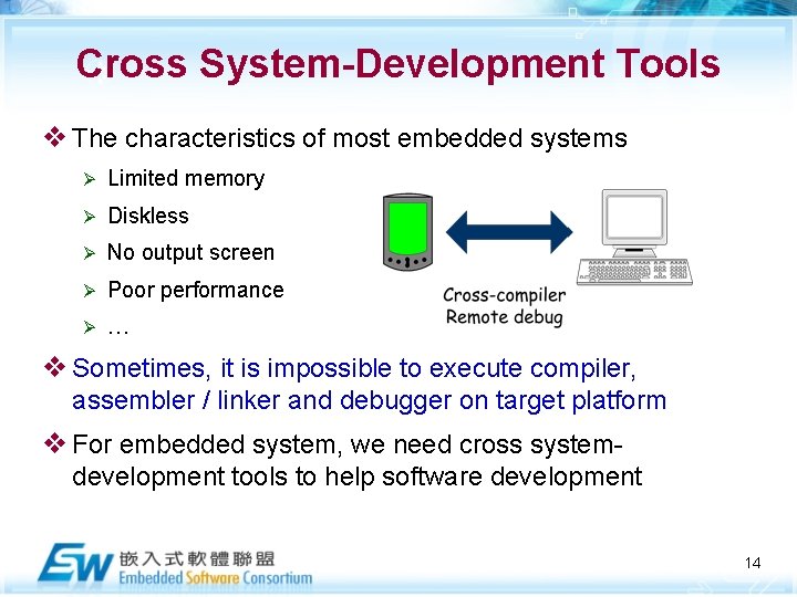 Cross System-Development Tools v The characteristics of most embedded systems Ø Limited memory Ø