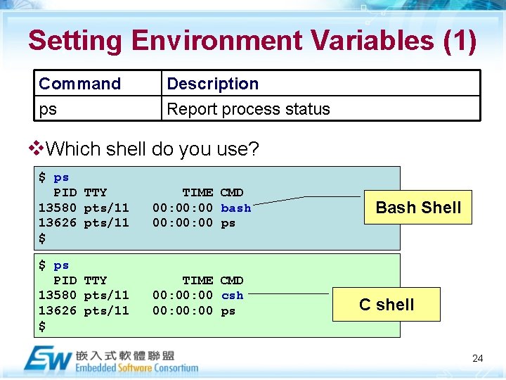 Setting Environment Variables (1) Command ps Description Report process status v. Which shell do