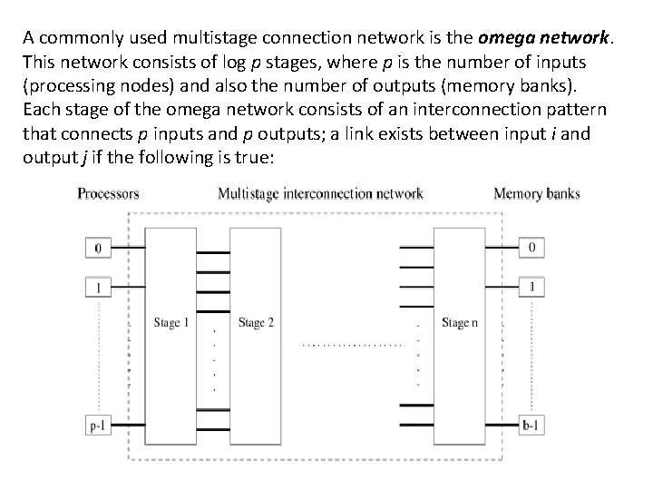 A commonly used multistage connection network is the omega network. This network consists of