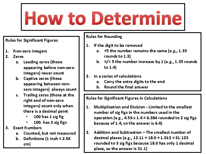 How to Determine Rules for Significant Figures 1. Non-zero integers 2. Zeros a. Leading How to Determine Rules for Significant Figures 1. Non-zero integers 2. Zeros a. Leading