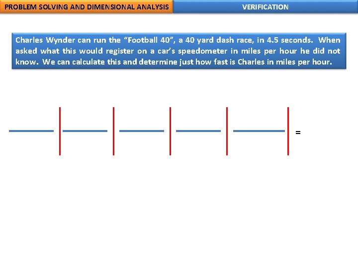 PROBLEM SOLVING AND DIMENSIONAL ANALYSIS VERIFICATION Charles Wynder can run the “Football 40”, a PROBLEM SOLVING AND DIMENSIONAL ANALYSIS VERIFICATION Charles Wynder can run the “Football 40”, a