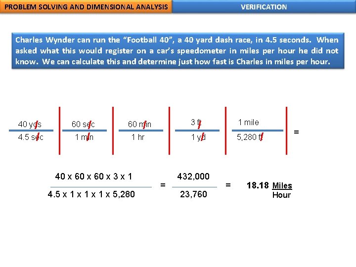 PROBLEM SOLVING AND DIMENSIONAL ANALYSIS VERIFICATION Charles Wynder can run the “Football 40”, a PROBLEM SOLVING AND DIMENSIONAL ANALYSIS VERIFICATION Charles Wynder can run the “Football 40”, a