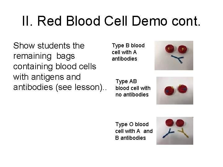 II. Red Blood Cell Demo cont. Show students the remaining bags containing blood cells