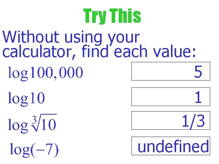 Try This Without using your calculator, find each value: 5 1 1/3 undefined 