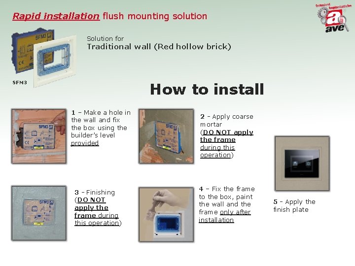 Rapid installation flush mounting solution Solution for Traditional wall (Red hollow brick) SFM 3