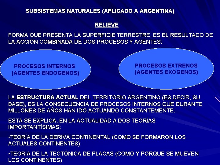 SUBSISTEMAS NATURALES (APLICADO A ARGENTINA) RELIEVE FORMA QUE PRESENTA LA SUPERFICIE TERRESTRE, ES EL