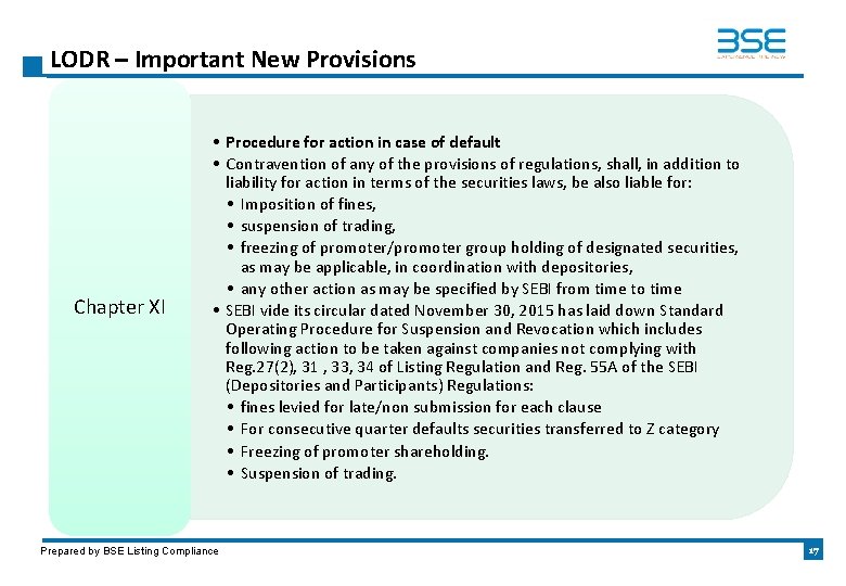 LODR – Important New Provisions Chapter XI • Procedure for action in case of