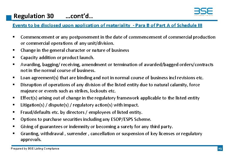 Regulation 30 …cont’d. . Events to be disclosed upon application of materiality - Para