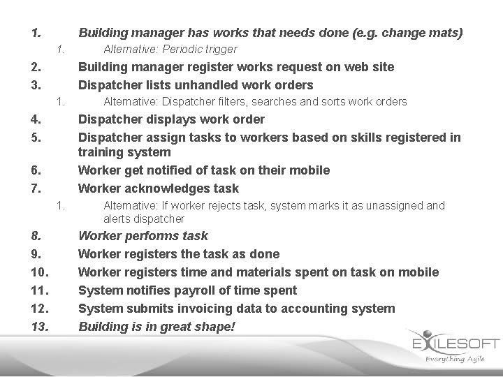 1. Building manager has works that needs done (e. g. change mats) 1. 2.