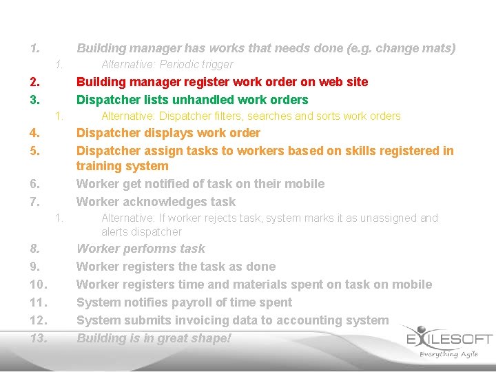 1. Building manager has works that needs done (e. g. change mats) 1. 2.