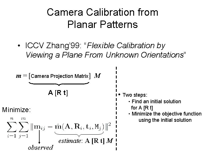 Camera Calibration from Planar Patterns • ICCV Zhang’ 99: “Flexible Calibration by Viewing a