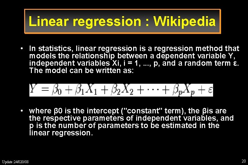 Linear regression : Wikipedia • In statistics, linear regression is a regression method that