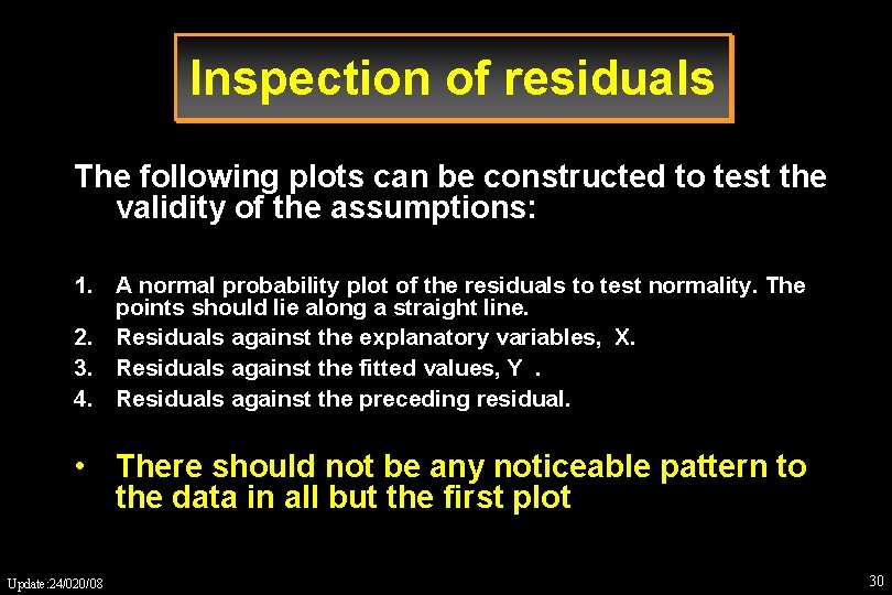 Inspection of residuals The following plots can be constructed to test the validity of