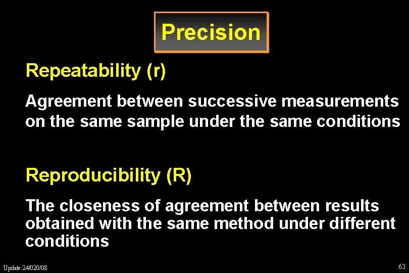 Precision Repeatability (r) Agreement between successive measurements on the sample under the same conditions